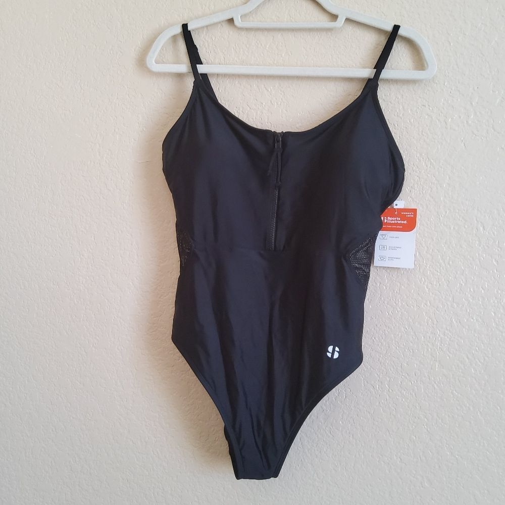 Sports Illustrated Zip Up One Piece Mesh Swimsuit Size XL Black New